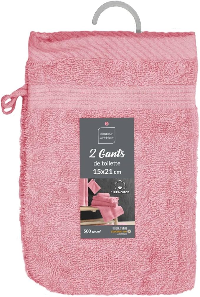 Douceur d’Intérieur, 2 Waschlappen, 15 x 21 cm, Rosenholz, 100% Baumwolle, Zartheit, 1801474