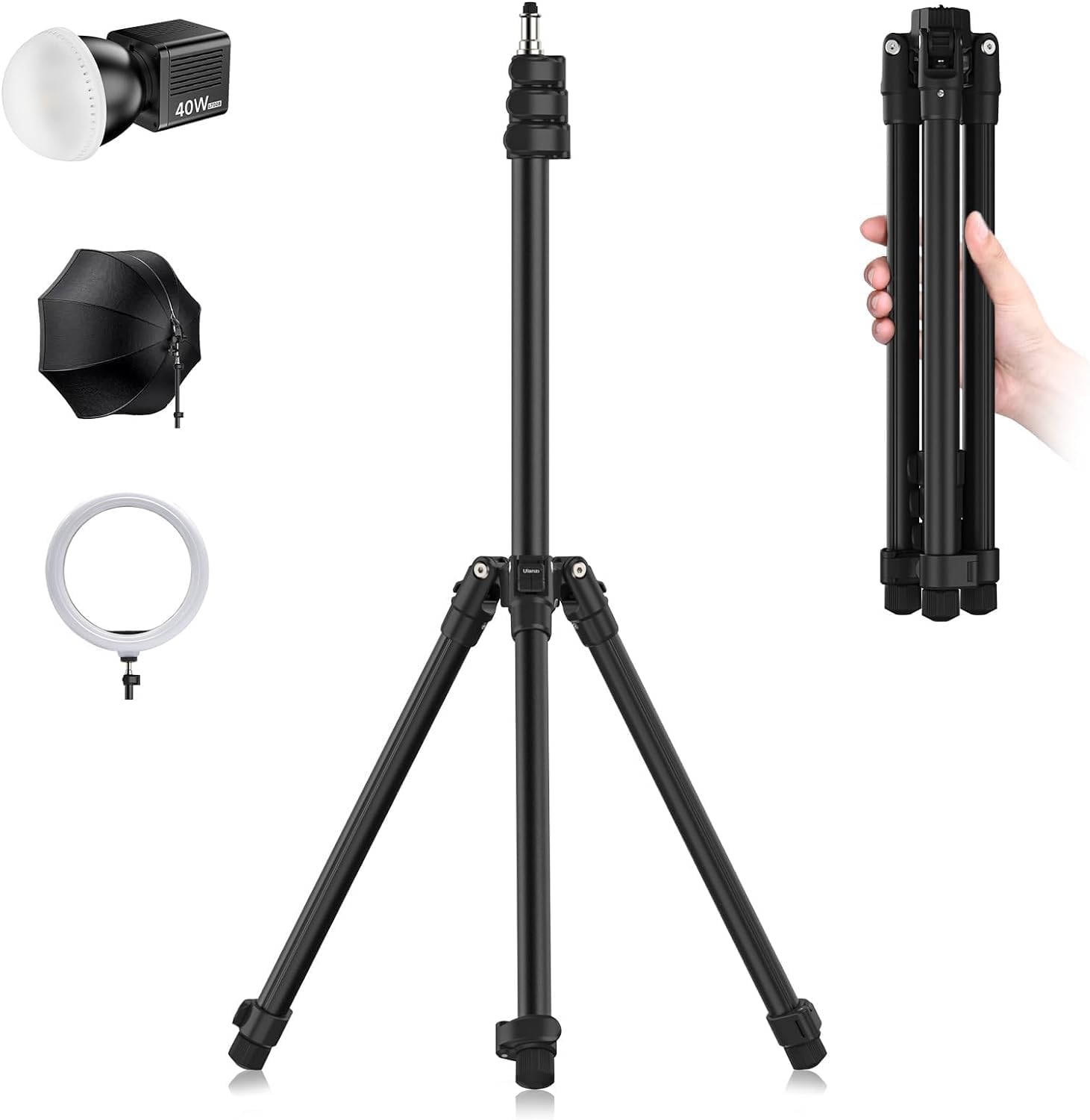 ULANZI TT43 190cm Lichtstativ Aluminium, Reversible Fotografie Licht Stand Lampenstativ Umkehrbares Tragbares Kamera Stativ, Max. 6kg Traglast, 1/4