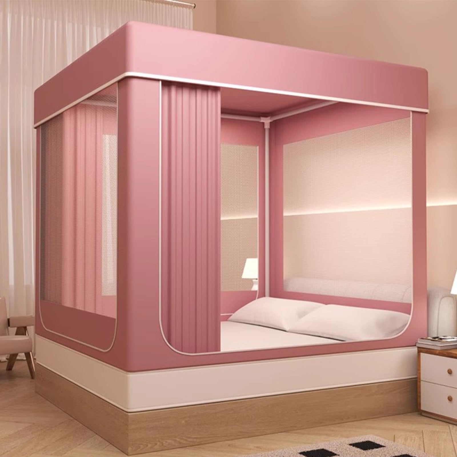 Moustiquaire de Lit avec Rideaux Occultants et Structure Autoportante, Ciel de Lit pour Lit Simple ou Double, Mailles Fines Anti-Insectes pour Chambre Adulte ou Enfant, Idéal Voyage et Intimité