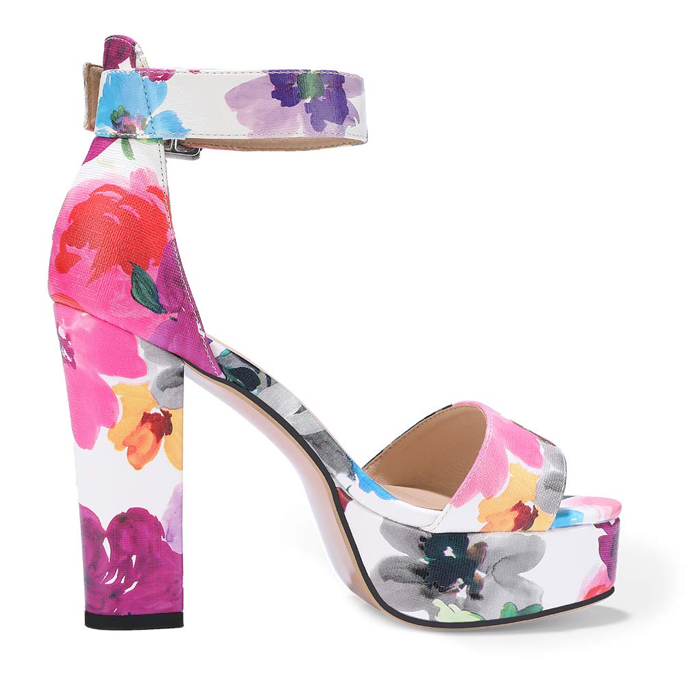IDIFU IN5 Sabrina Platform Block Chunky High Heels Ankle Strap Heeled Sandals Sexy Wedding Party Dress Shoes for Women Open Toe Heels: 5 Floral Purple