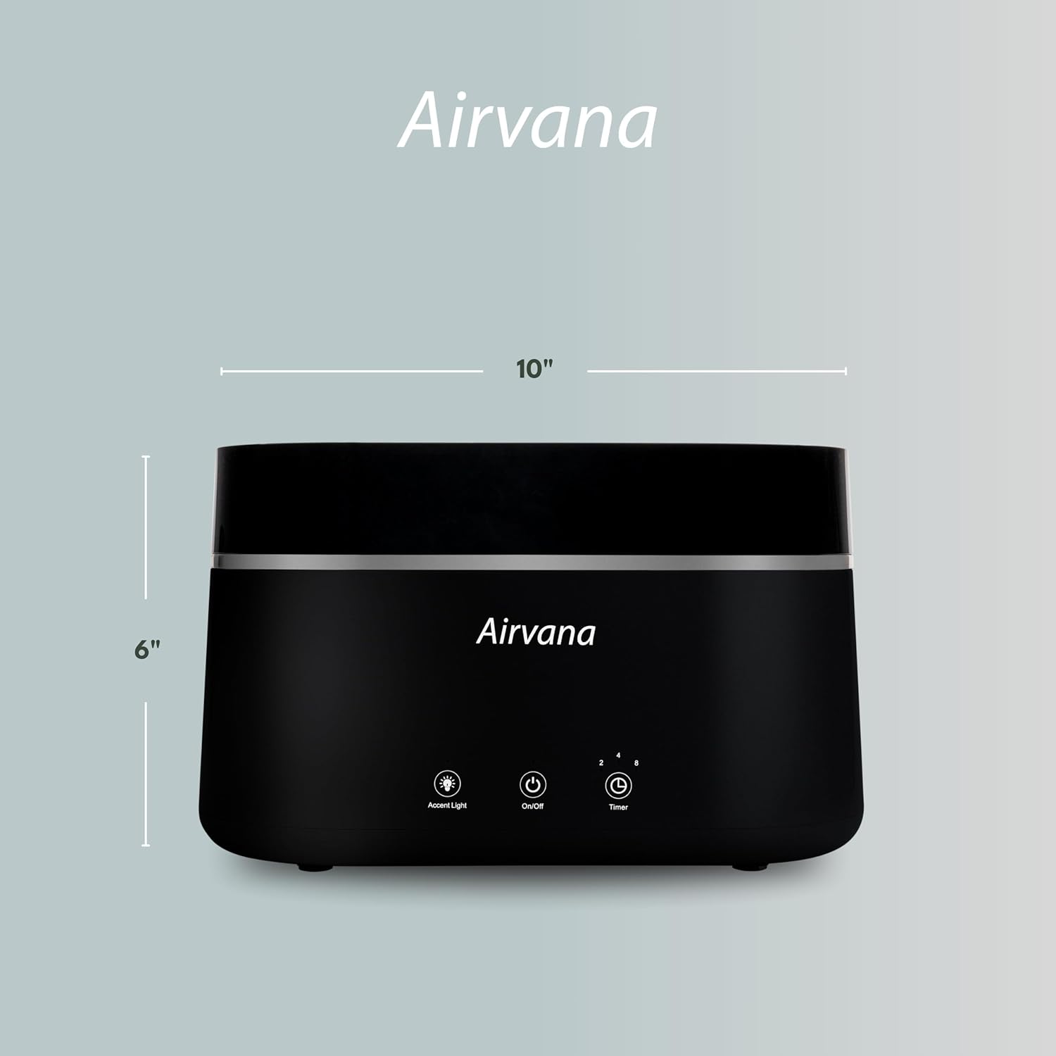 Diagram showing the dimensions of the Airvana AquaFlame Humidifier: 10 inches wide and 6 inches high.
