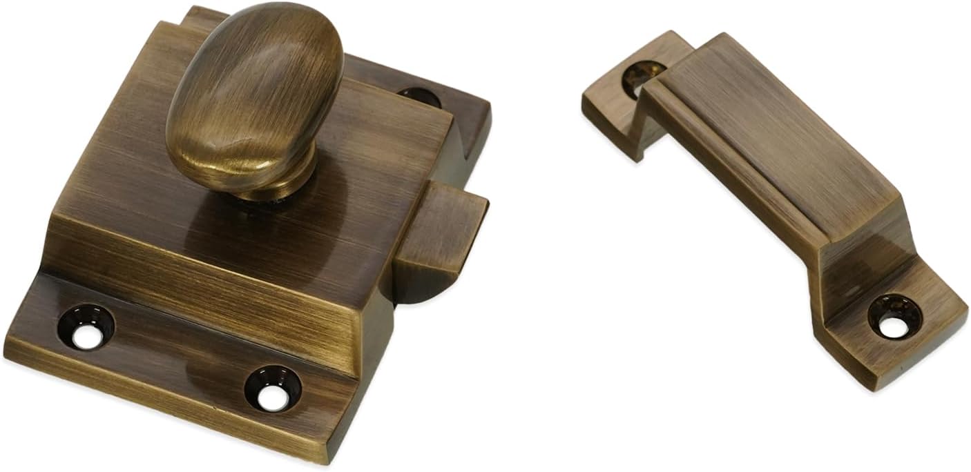 Infinity Decor Vintage Style Brass Cupboard Catch with Thumb Turn Knob Antique Brass Finish Latch Lock – Ideal for Cabinet Desk Drawer Doors