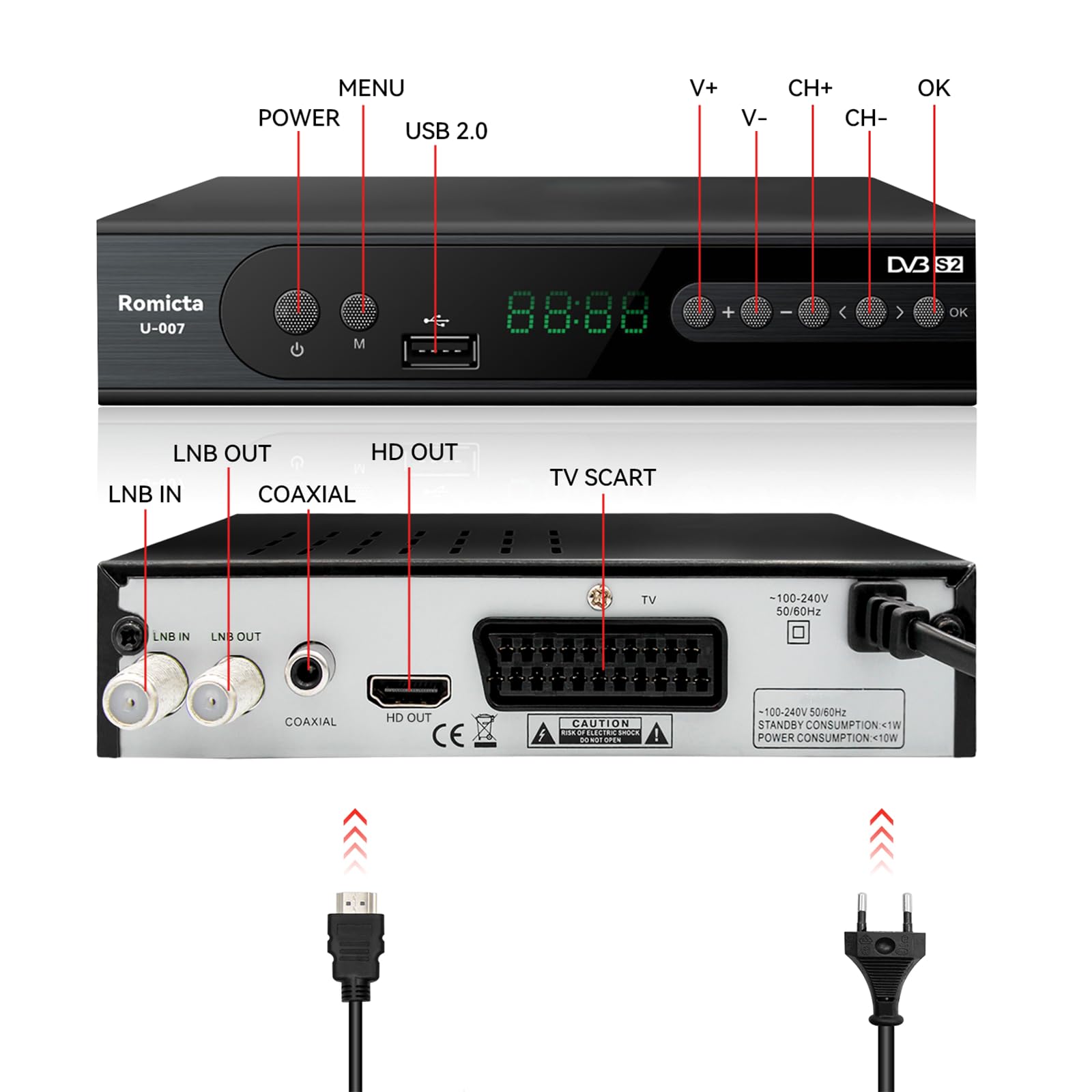 Romicta Ricevitore HD per satelliti, ricevitore satellitare con HDMI, DVB-S/S2, PVR, EPG, SCART, lettore multimediale USB, HDTV, YouTube, Meteo, Nero - HDTV satellitare