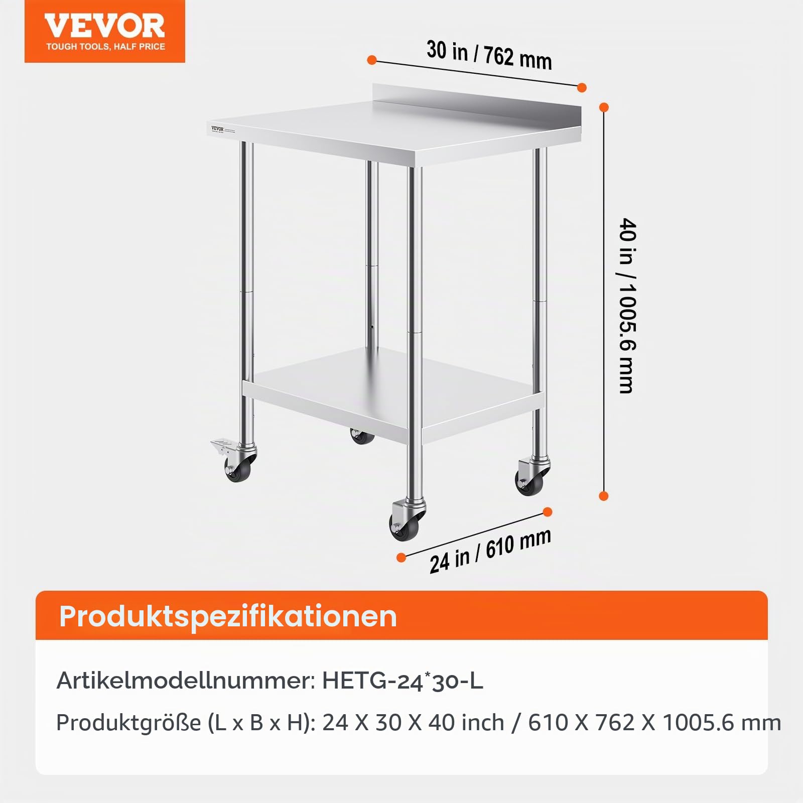 VEVOR Edelstahl Arbeitstisch Küche, kommerzieller Lebensmittelzubereitungs Küchetisch mit Rollen, 61 x 76 x 100 cm