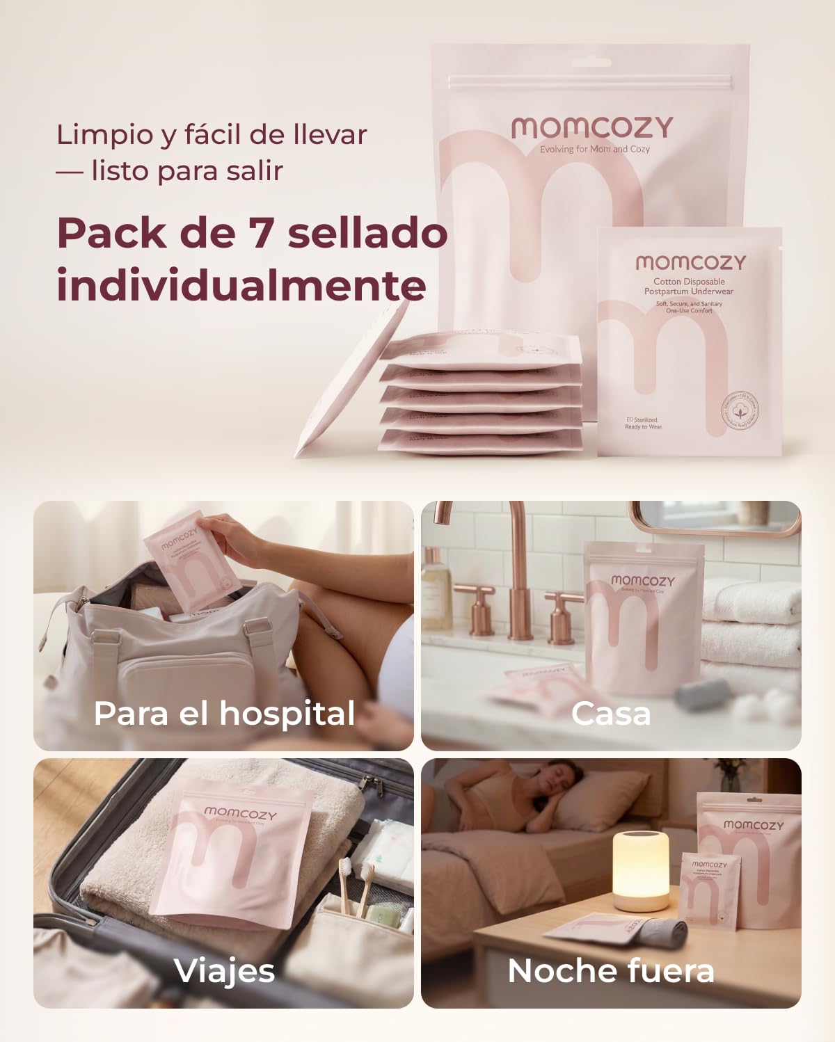 momcozy Bragas Desechables Postparto de algodón 100%, Pack de 7, Bragas Postparto para Mujer algodón Transpirables, de Talle Medio-Alto y con Refuerzo Ancho