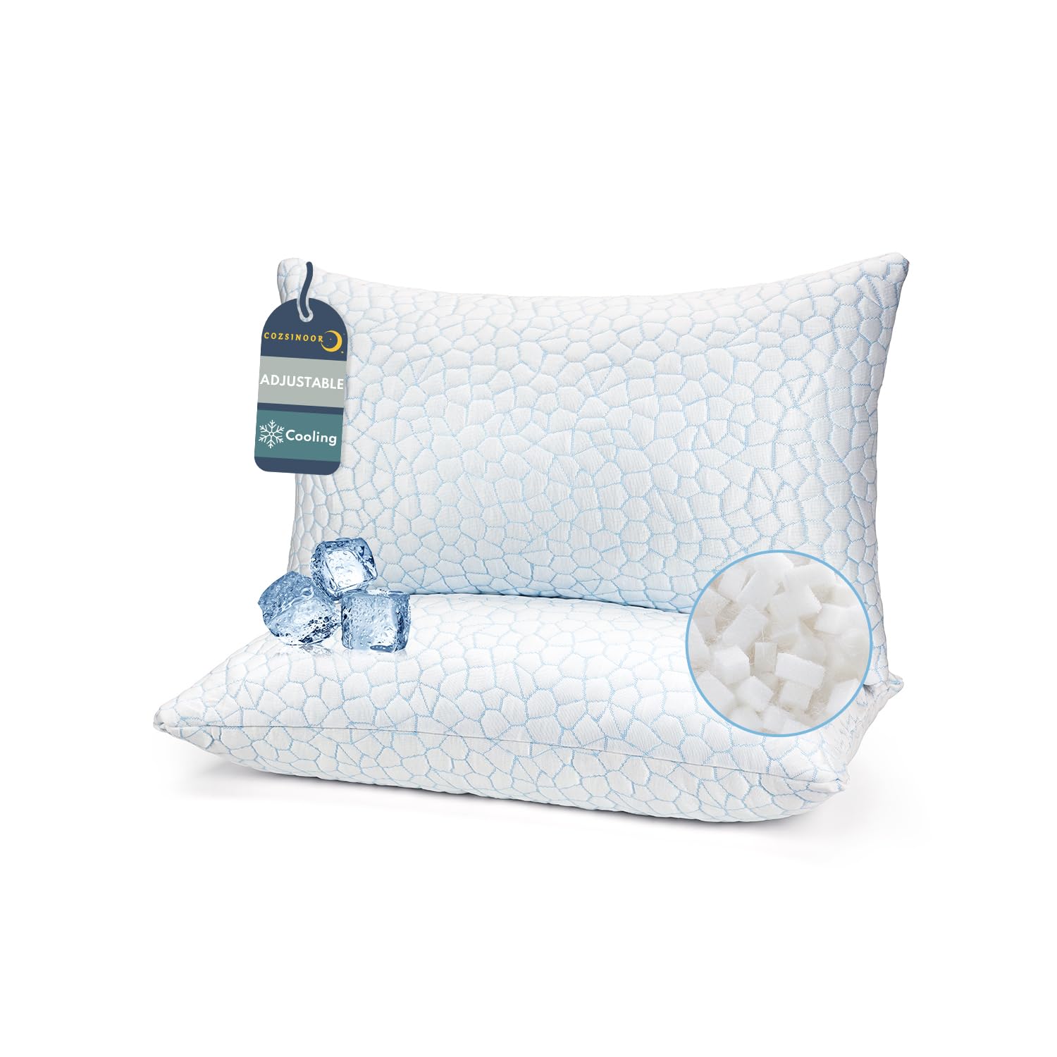 COZSINOOR Adjustable Pillows Queen Size Set of 1 for Sleeping - Cooling Shredded Memory Foam Pillows 2 Pack