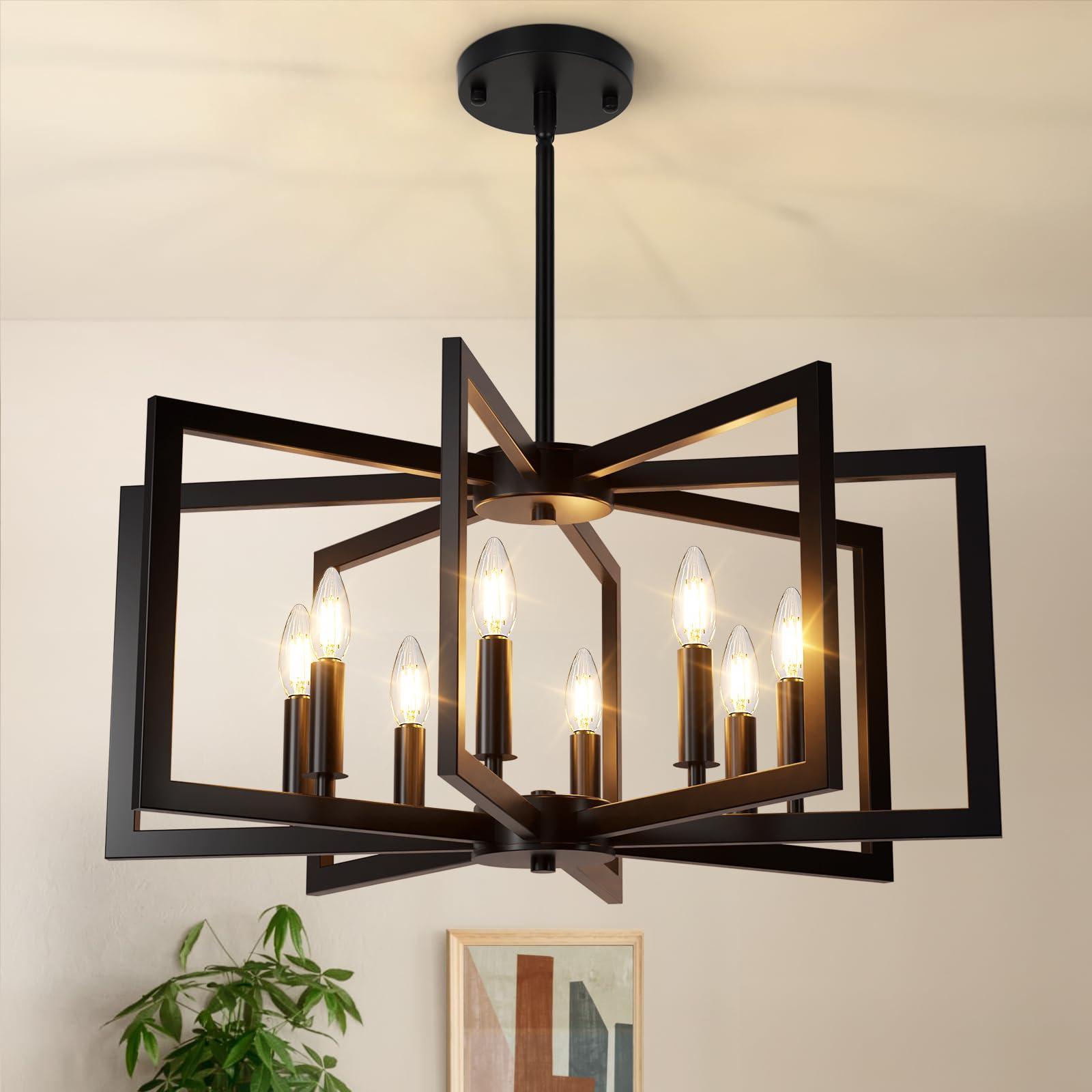 Bairth 8-Light Black Chandelier, Farmhouse Dining Room Light Fixture, Modern Chandelier, Geometric Industrial Metal Hang Lighting Fixture for Foyer
