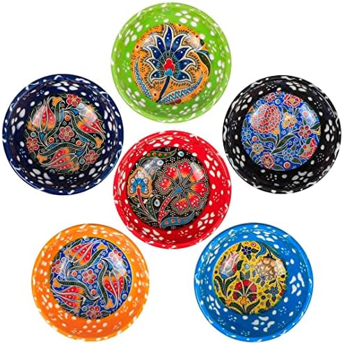 HeraCraft 6pcs Hand Painted Turkish Ceramic Snack Bowls 3.35''/8.5cm-74ml/2.5 oz Decorative Ottoman Tulips Design Multi-Purpose Cute Set - Pinch Sauce Dipping Finger Small Serving Bowls