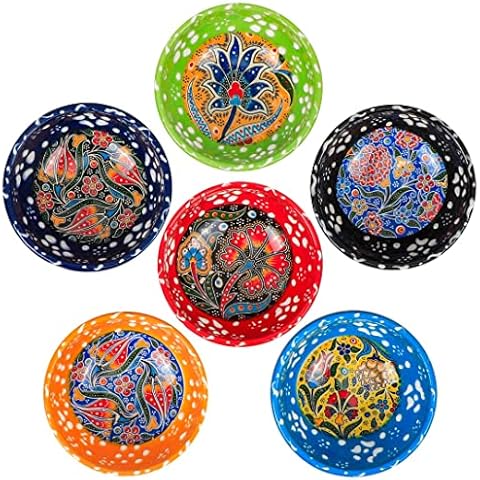 HeraCraft 6 Pcs Hand-Painted Turkish Snack Bowls - 9cm/3.5" inch-74ml/2.4 oz - Ottoman Oriental Tulips Patterned Decorative Multi-Purpose Ceramic Bowl Set - Best Gift Set Cover