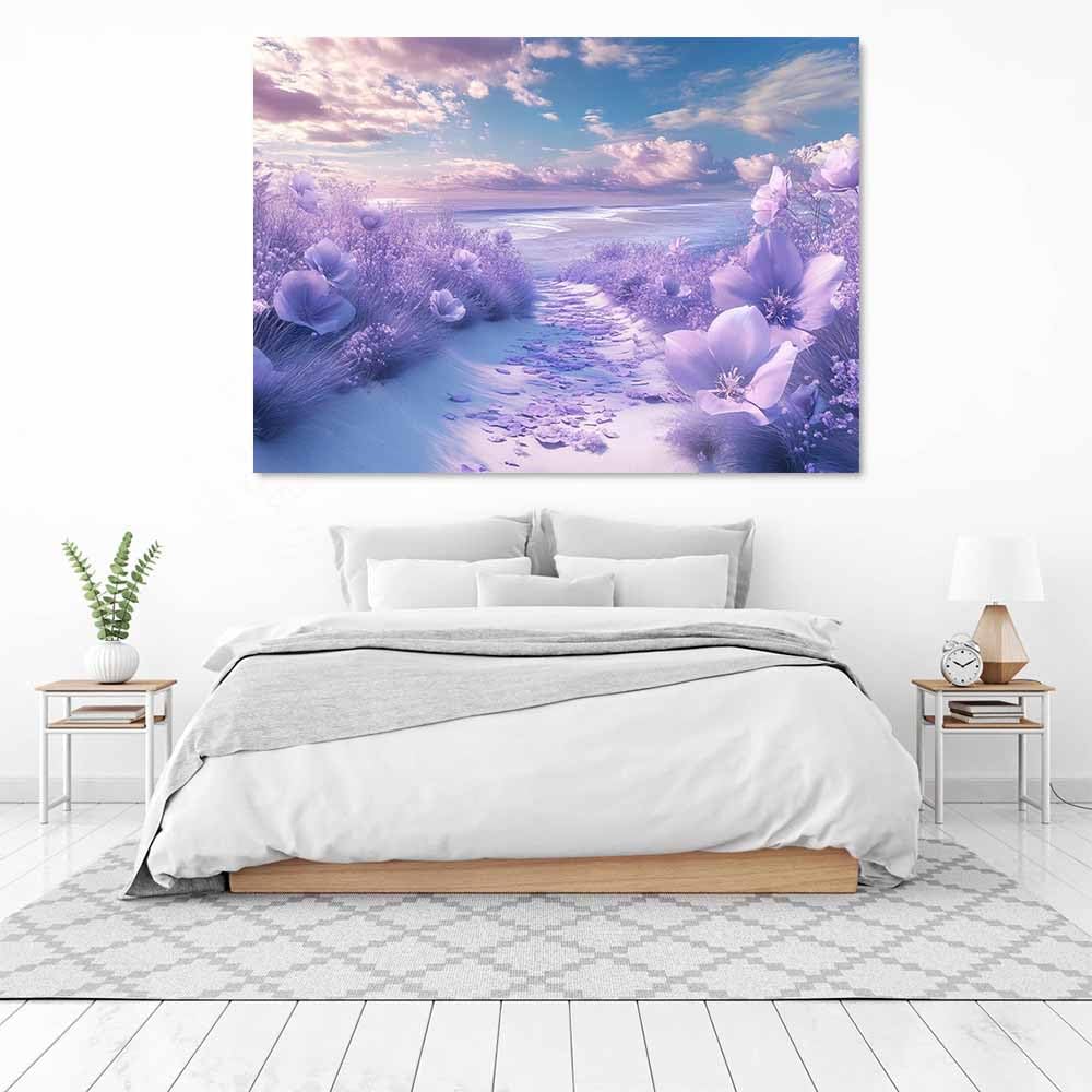 QUSAAOU LandschaftsgemäLde Auf Lavendelblüten an sandigem Strand Moderne Leinwandbilder FüRs Wohnzimmer Geeignet FüR Schlafzimmer Badezimmer Und BüRos(Violett)-80x120cm Ungerahmt