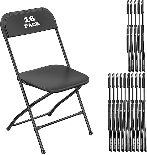Paquete de 16 sillas plegables de plástico negro, asiento comercial apilable portátil para interiores y exteriores, con marco de acero, capacidad de