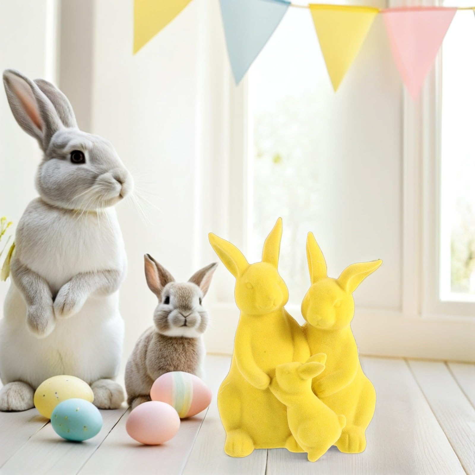 Yardwe Figuras Decorativas de Conejo Familia Trío para Pascua Amarillo