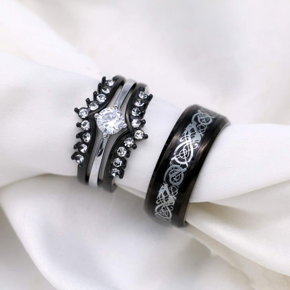 ringheart 2 Rings His and Hers Couple Rings Black Plated 3pcs Womens Wedding Ring Sets Titanium Steel Mens Ring Wedding Bands