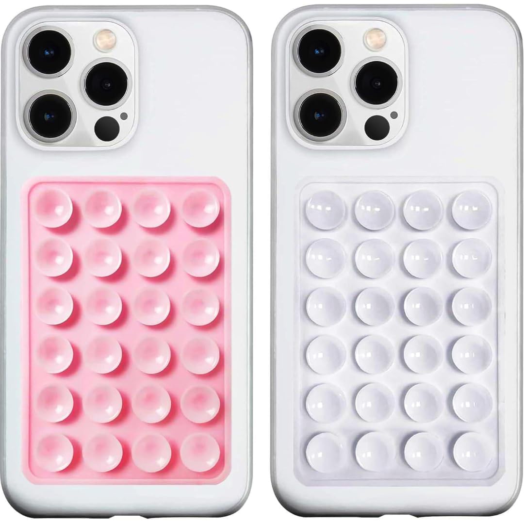 EDNITA Suction Phone Case, Phone Suction Sticker, Silicone Suction Phone Case for Hands-Free Mobile Accessory Holder Grip, Video Phone Accessory Compatible Mirror, Shower (Pink-White-Pack of 2)