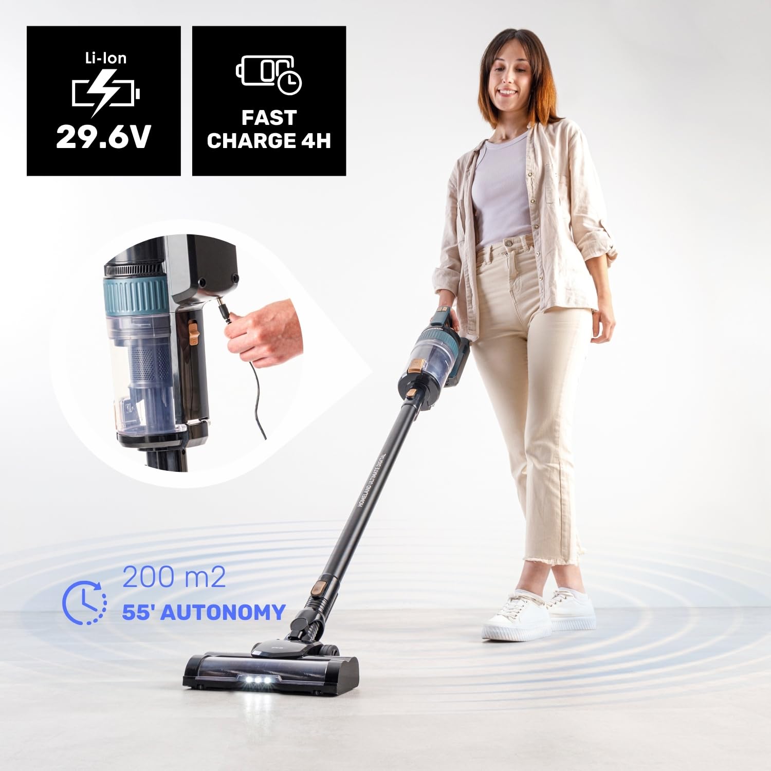 Taurus - Scopa Elettrica Homeland Ultimate Digital | 400W | 21.000Pa | Filtrazione Avanzata | Spazzole ALL ROAD e FUZZY | LED OPTIC | Batteria Rimovibile 29,6V | Display LCD