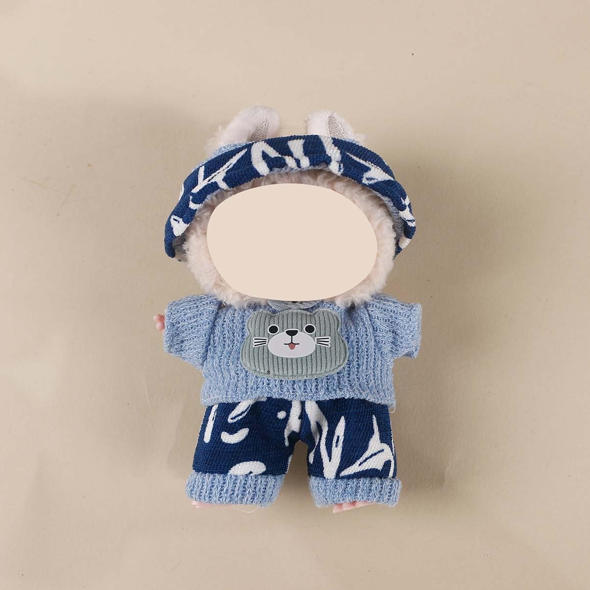 Compatible with Labubu (NO Doll) - Blue-White Knit Set (Patterned Beanie + Bear-Patch Sweater + Matching Pants), 15cm/17cm Doll Clothing (Blue-White)