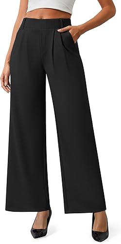AVAMO Womens Dress Pants Wide Leg Pull On Stretchy Work Pants for Women with Pockets High Elastic Waist Office Business Black