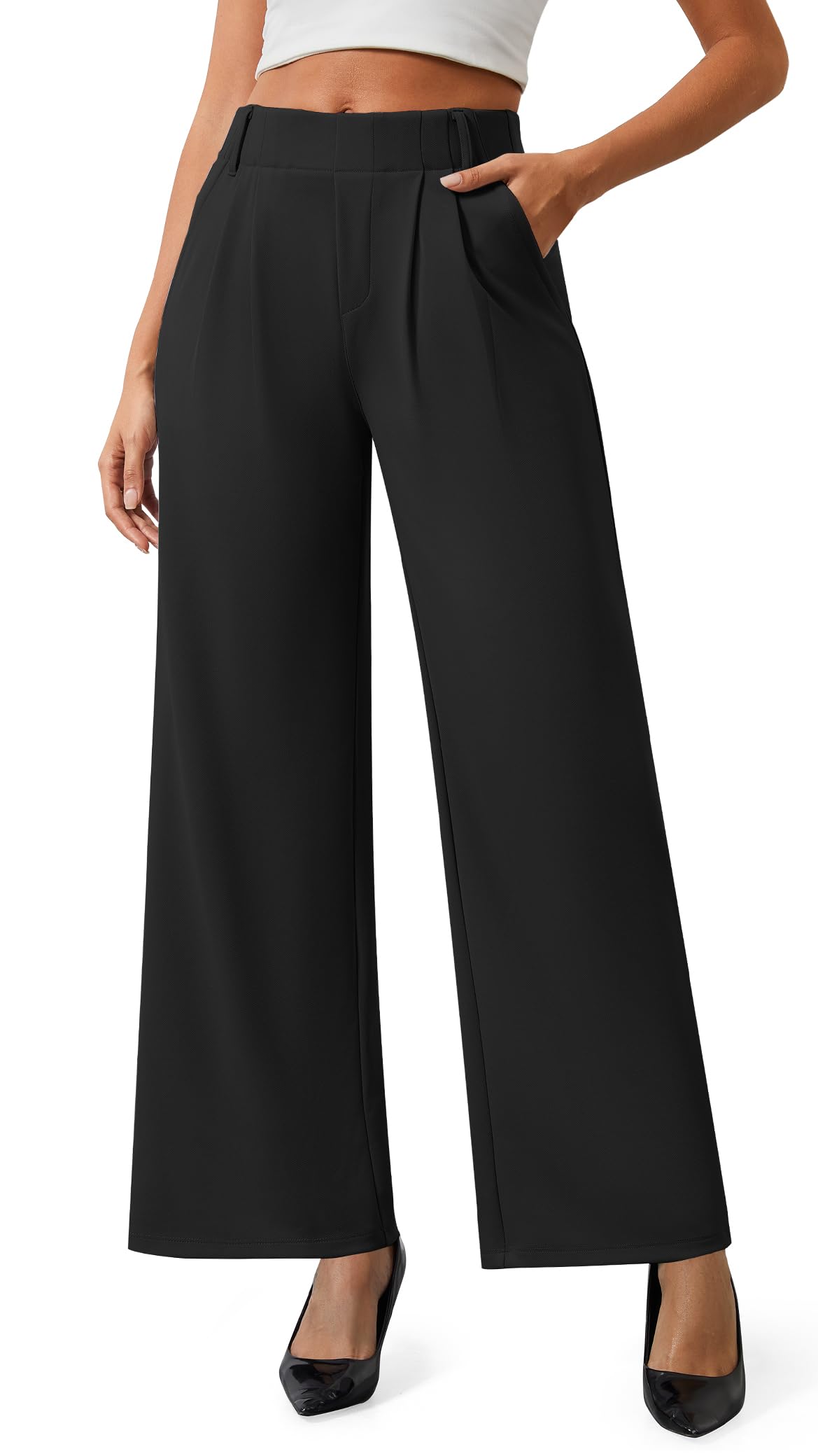 AVAMO Womens Dress Pants Wide Leg Pull On Stretchy Work Pants for Women with Pockets High Elastic Waist