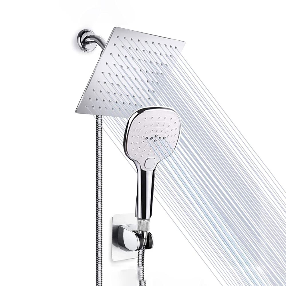 Cabezal de ducha, cabezal de ducha de acero inoxidable para lluvia de alta presión de 8 '' / combo de mano con manguera de 60 '' Cabezal de ducha antifugas con soporte, boquilla de silicona autolimpia