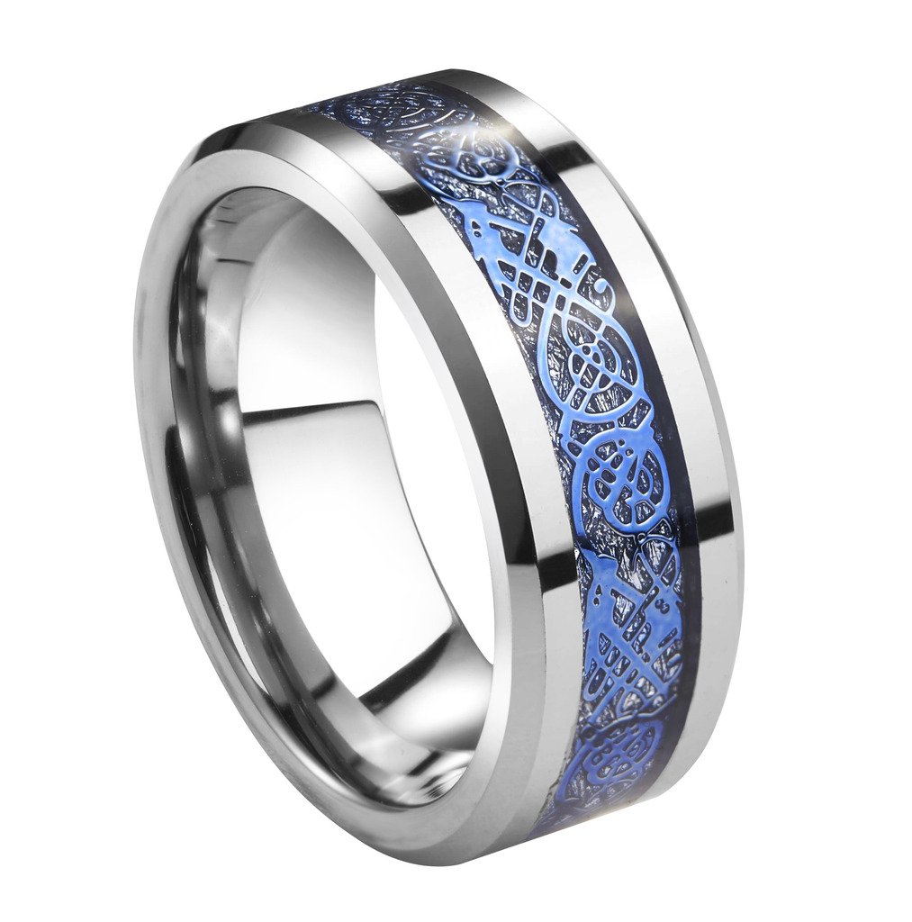 QUEENWISH 8mm Tungsten Carbide Ring Silver Meteorite Inlay Blue Celtic Dragon Wedding Bands Size 9.5