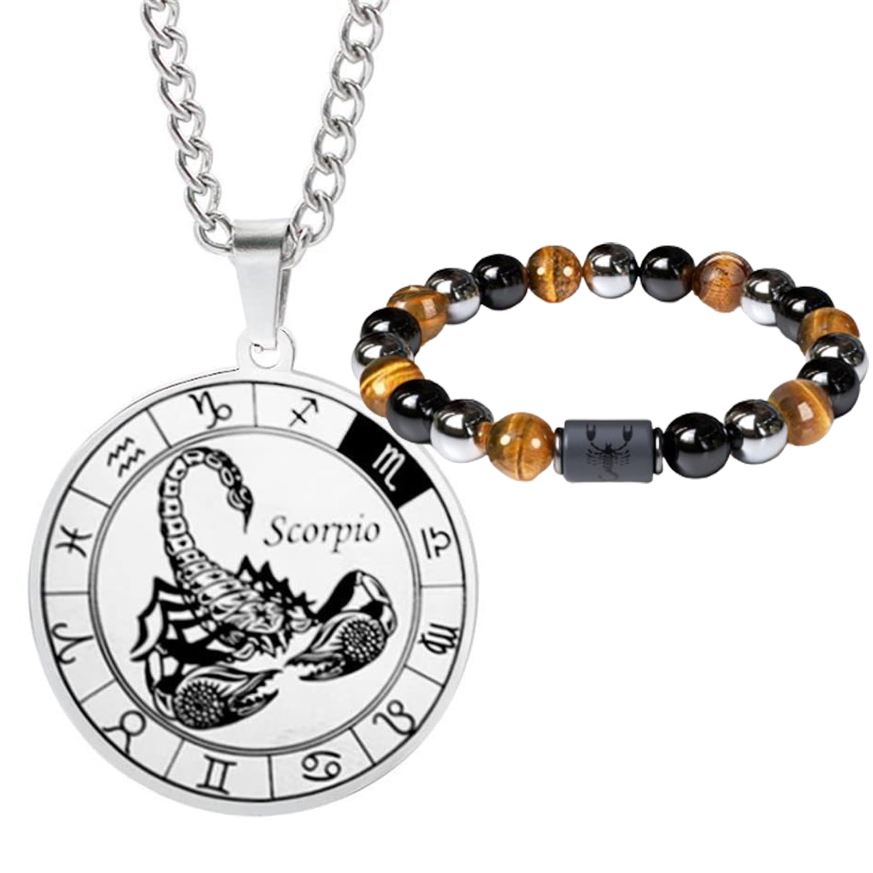 Ensemble collier et bracelet signe du zodiaque pour homme - Collier de constellation - Pendentif en acier inoxydable - Bracelet de perles élastique - Cadeau d'anniversaire