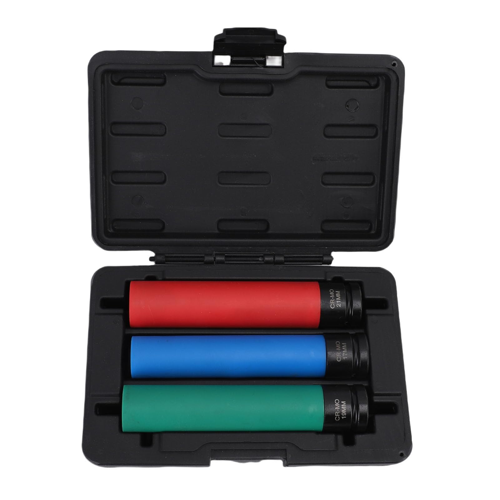 Generic Zestaw 3 nasadek udarowych 1/2 cala, 17 mm, 19 mm, 21 mm, metryczne nasadki do nakrętek kół ze stali CrMo o cienkich ściankach, z kolorowymi osłonami ochronnymi