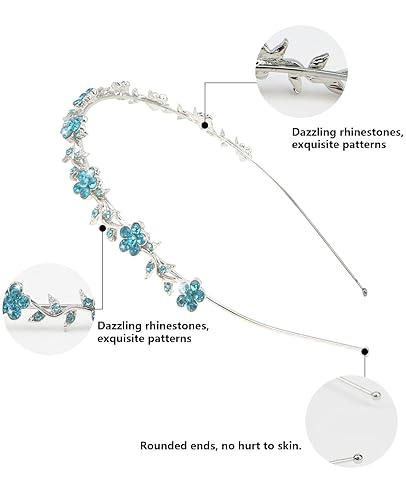 Miniatura 2 de Wecoe Paquete de 4 tocados nupciales de diamantes de imitación azul claro  Diademas de metal con hojas de mariposa de cristal para mujeres, niñas,