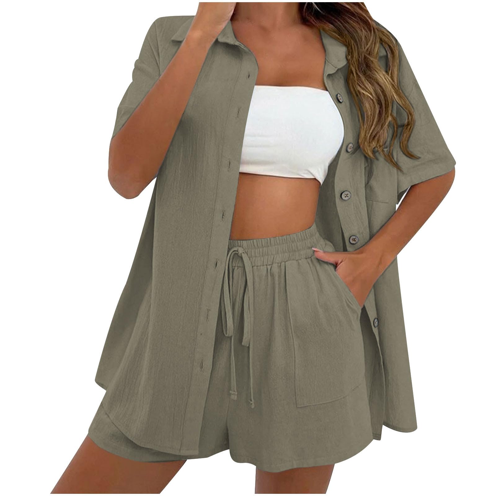 NUSGEAR 2023 Conjunto Dos Piezas Mujer Casual Lino Camisa manga larga y Pantalones corto Verano Deportivo Traje Pijama Suelto Cómodo Conjunto Casa Moda Color sólido Chandal ligera