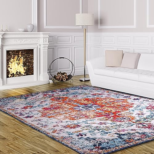 Wegital Area Rugs Living Room Bedroom Non-Slip Large Rugs Washable Short Pile Rug For Living Room Bedroom Dining Room Luxury Skin-Friendly Carpet Persian Pattern Boho Rug 120X180cm Orange - Image 3