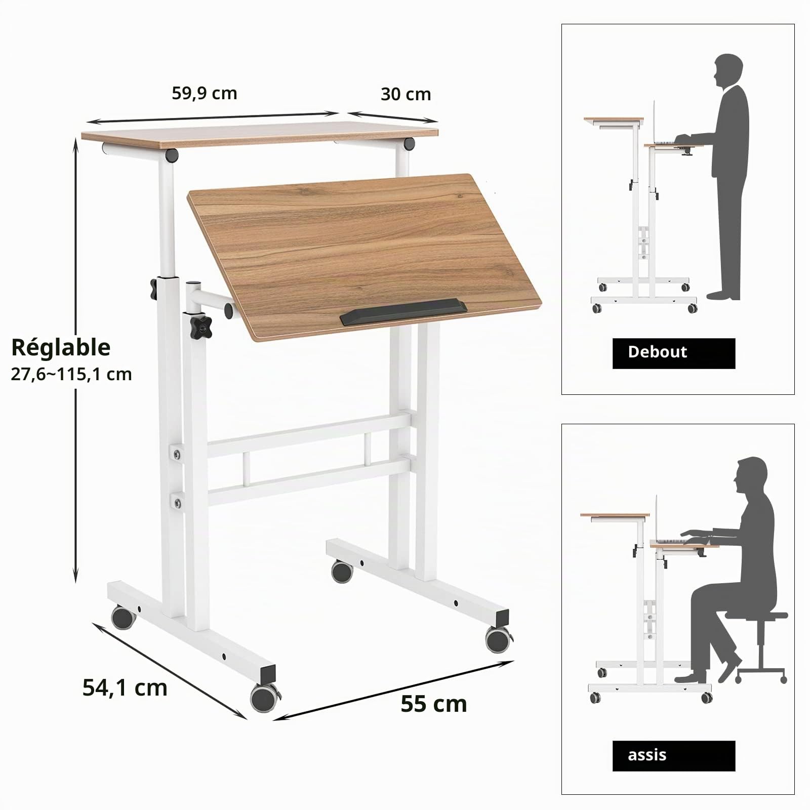 sogesfurniture Bureau Informatique Bureau Ordinateur Portable Roulette Table Roulante pour Lit Bureau Assis Debout Angle Table d'appoint à roulettes Table Dessin Inclinable Hauteur Réglable 60x60cm
