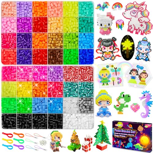 Bügelperlen Fuse Beads Kit 5.000 Glitzer Bügelperlen 5 mm Nachfüllset Steckperlen Leuchtend im Dunkeln Bastelperlen Set Kindern mit Stiftplatte Bügelpapier Pinzette DIY-Perlen Geschenk für Kinder