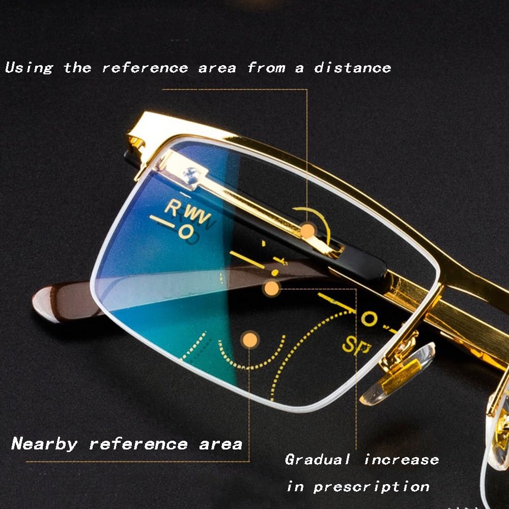 SFIVE Progressive Multifocus Lesebrille Metall Halber Rahmen Presbyopie Brille HD Lesebrille Anti-Blau Für Männer 1.0 1.5 2.0 2.5 (Color : Gold, Size : +3.0)