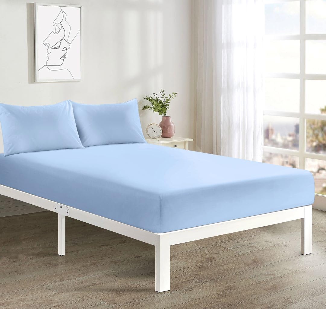 Shumaxx 3-Piece Set for King Bed – Microfibre King Bed Fitted Sheet with 2 Matching Pillowcases – Ultra-Soft, Wrinkle-Resistant Fabric (Sky Blue)