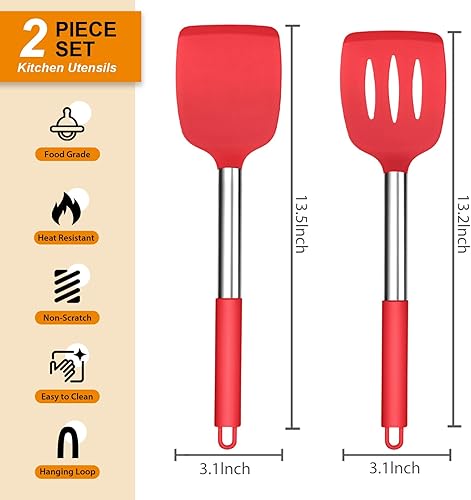 Miniatura 2 de E-far - Juego de 2 espátulas de silicona, espátulas sólidas y ranuradas para utensilios de cocina antiadherentes, utensilios de cocina de goma