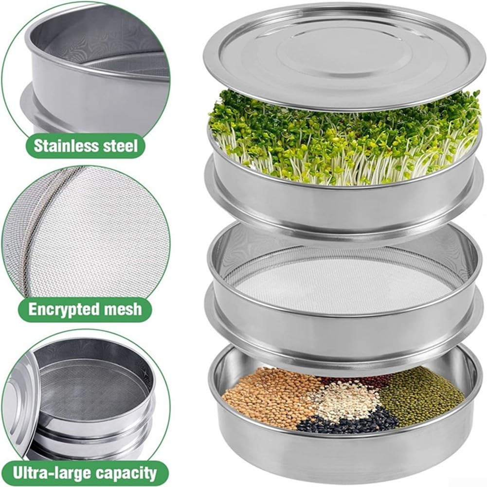 Keimschalen-Set aus Edelstahl für erdfreien Anbau mit effizienter Entwässerung und Luftzirkulation, stapelbares Design für Hausgarten, Keimung von Bohnen und Gemüse, Silber-Finish (B)