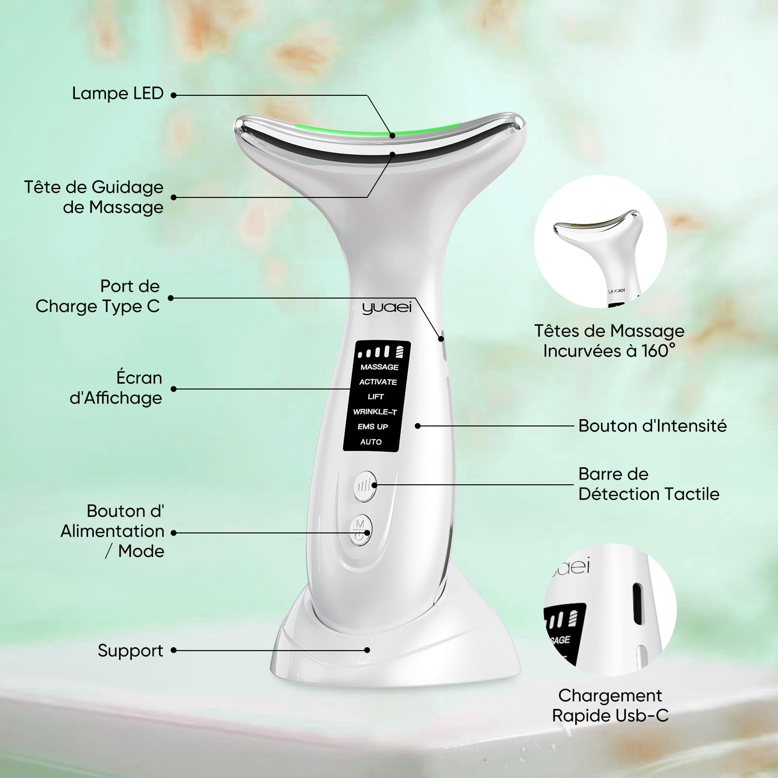 Massage Visage Appareil Anti Rides: Masseur Lifting Double Menton Facial 6 Mode Beauté Electrique Machine Luminothérapie Led 7 Couleurs - EMS 45℃ Anti-Age Massage Pour Raffermissement du Visage et Cou