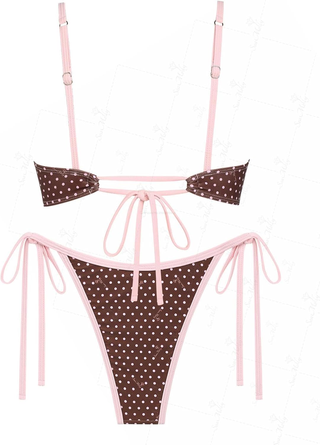 Vintage Gingham Ruched Ruffles Trim Bowknot Decor Tie Side Bikini Set - Image 2