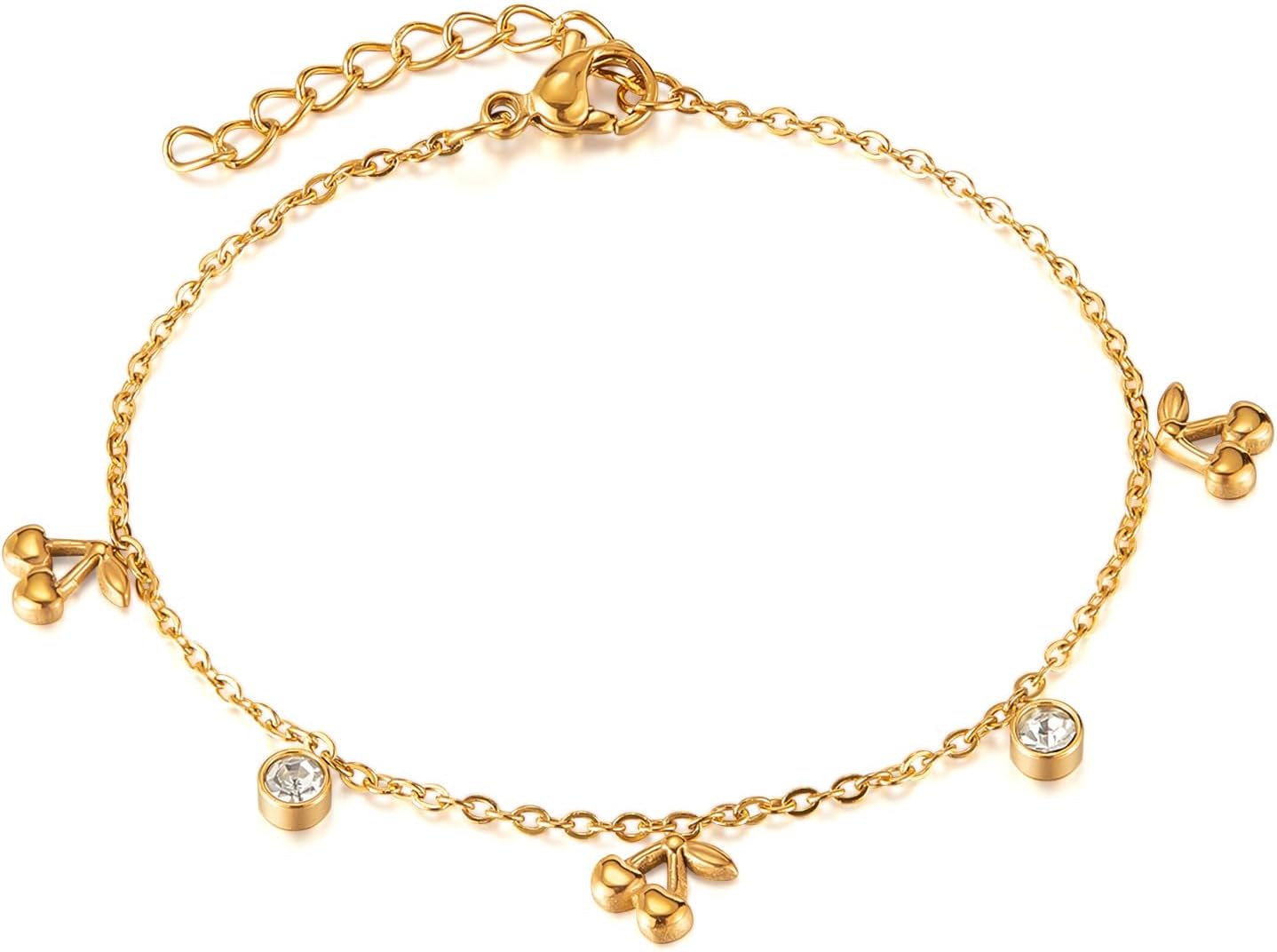 Thin Gold Cherry Bracelets for Women, 14K Gold Plated Charm Bracelet 6.7" + 2" Adjustable Chain with Cubic Zirconia Dainty Stainless Titanium Steel Bracelets Minimalist Bracelet for Wife, Girlfriend