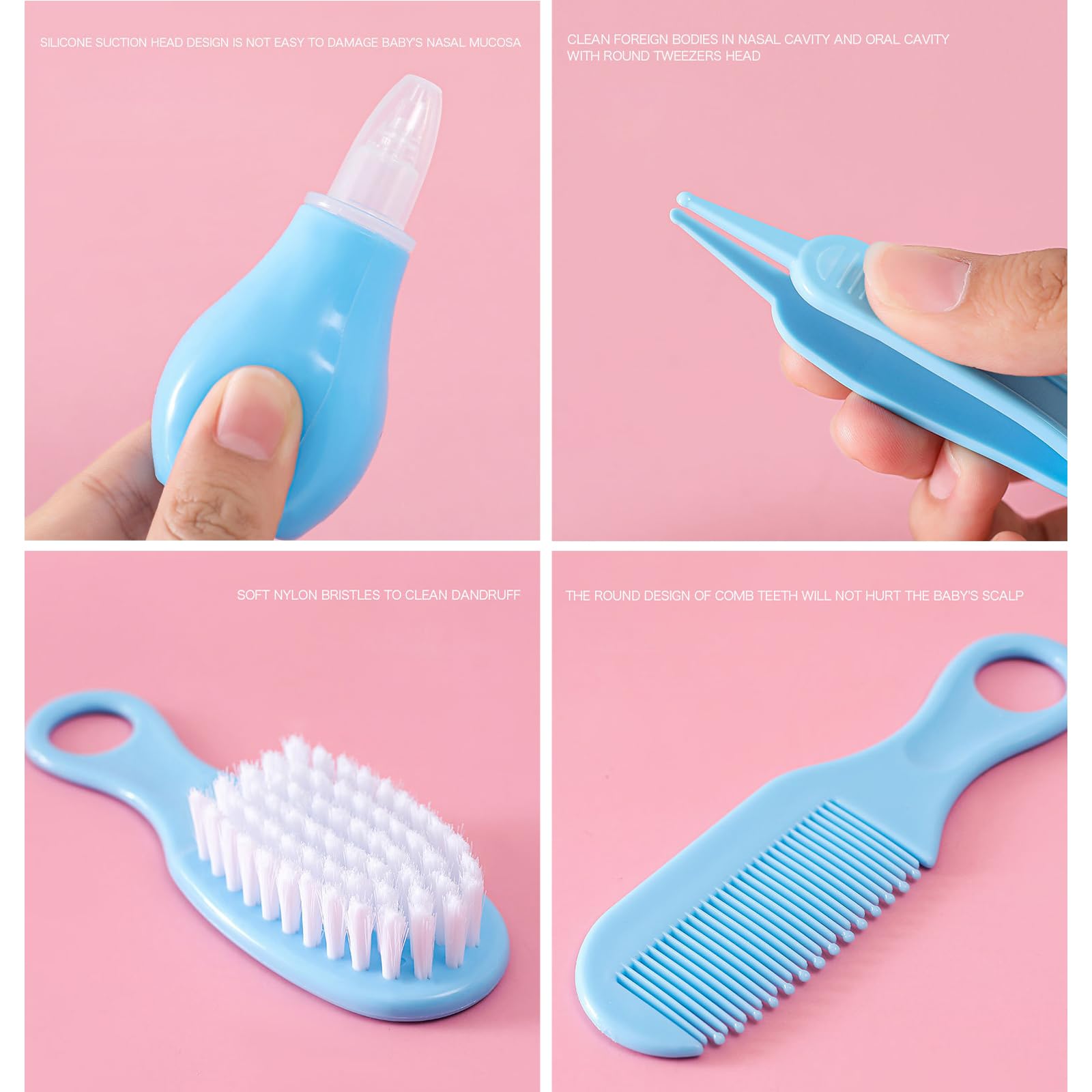 Liemuao Kit Trousse de Toilette Bebe, 13 Accessoires Essentiels Soin de Bébé - Brosse à Cheveux, Thermomètre Digital et de Bain, Coupe-Ongles, Lime, pour Nouveau-Né Fille et Garçon (Rose)