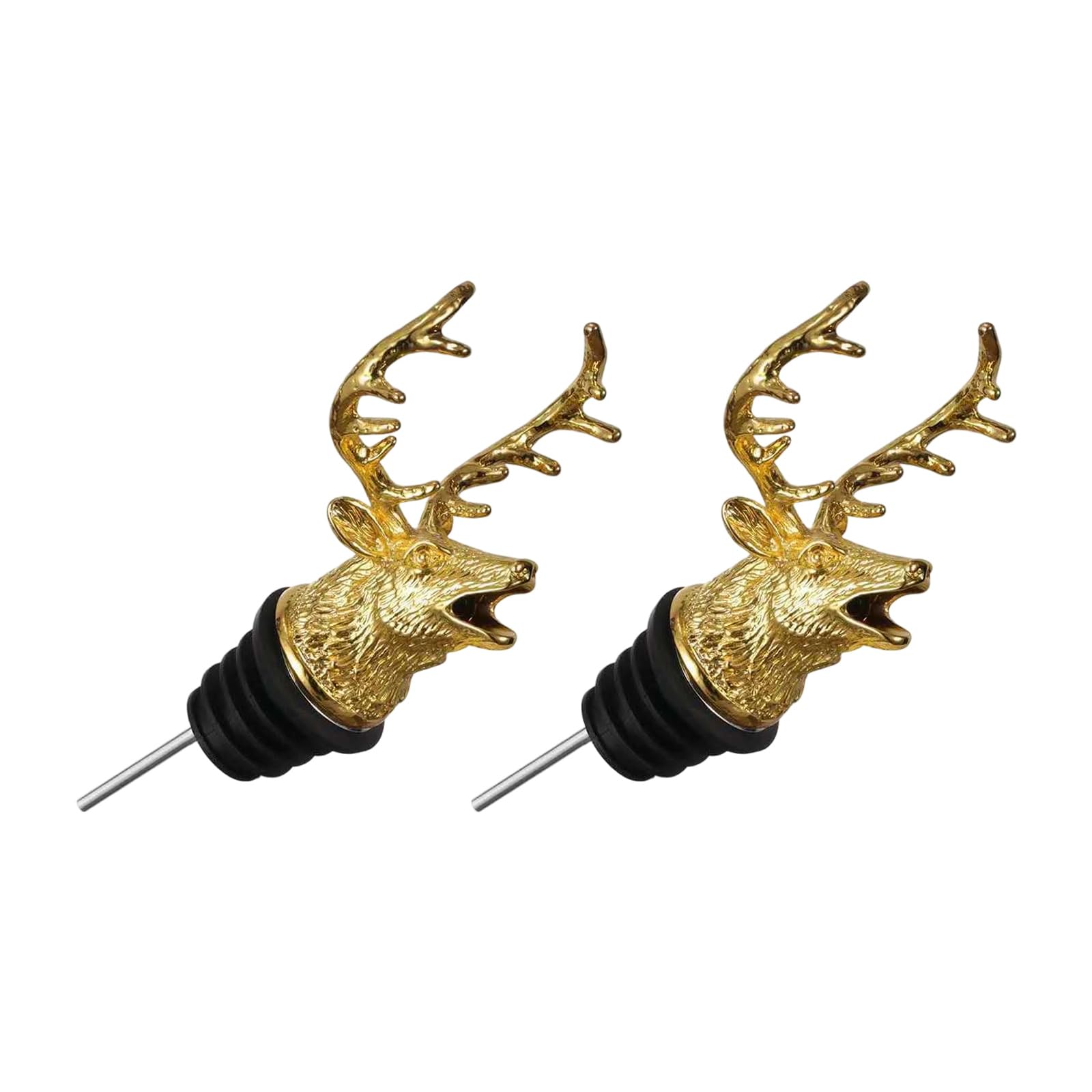 Shurhome 2Pcs Liquor Pour Spouts Steel Deer Head Wine Bottle Dispenser Pourers with Stopper for Kitchens Leak Proof Design Deer Head Wine Pourer