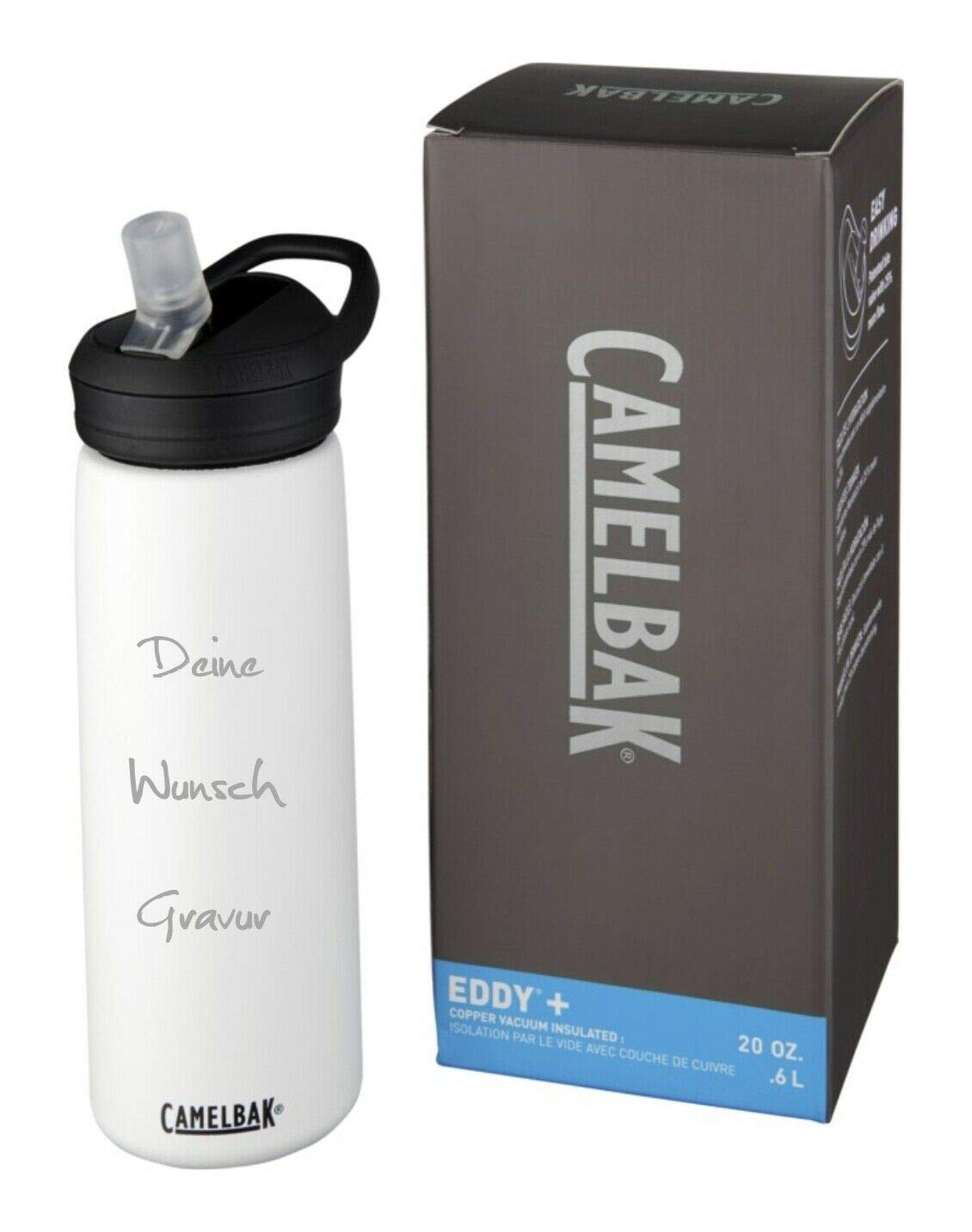Schmalz CamelBack - Botella deportiva Eddy+ 600 ml, aislada al vacío, de cobre y acero inoxidable, con aislamiento de cobre, antigoteo (blanco, con grabado)