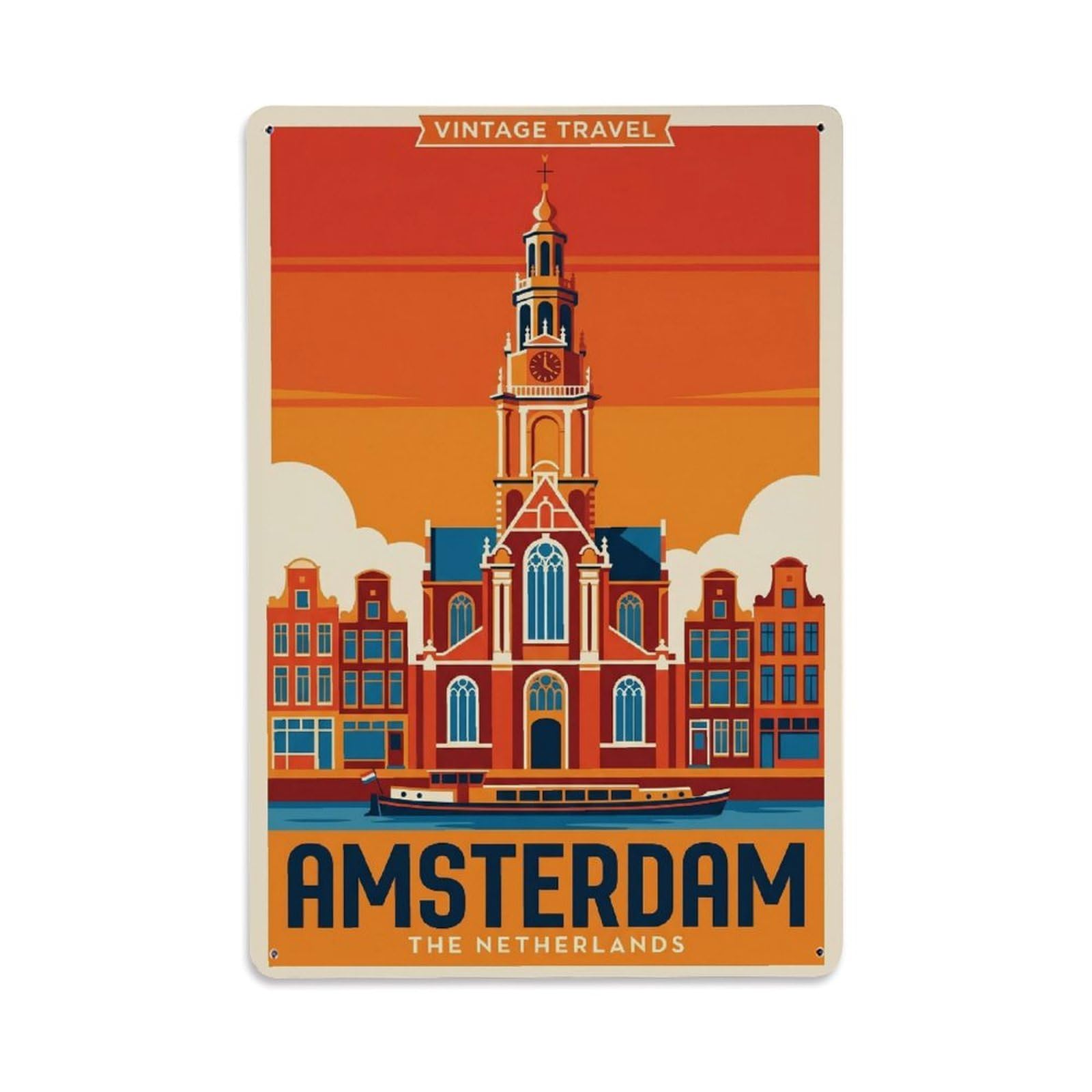 Okngb Style Amsterdam Belltower Landmark Retro Travel Architecture Metal Tin Sign Plaque Wall Decor For Cafe, Man Cave, Club Bar, Office, Home Garden Round Metal Poster 8X12inch