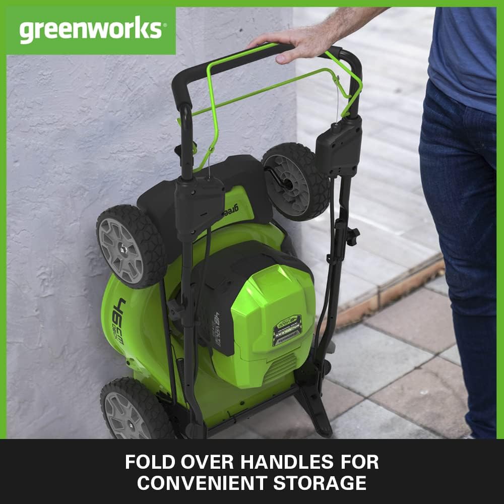 Image showing the mower with its handles folded over for storage.