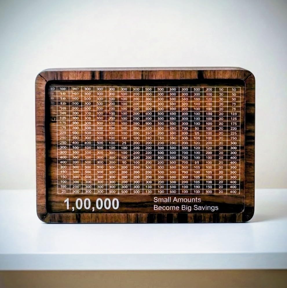 Image of 1 Lakh Savings Challenge Box, Wooden Money Saving Tracker with Goal Chart, Brown Square Gullak Piggy Bank for Kids and Adults