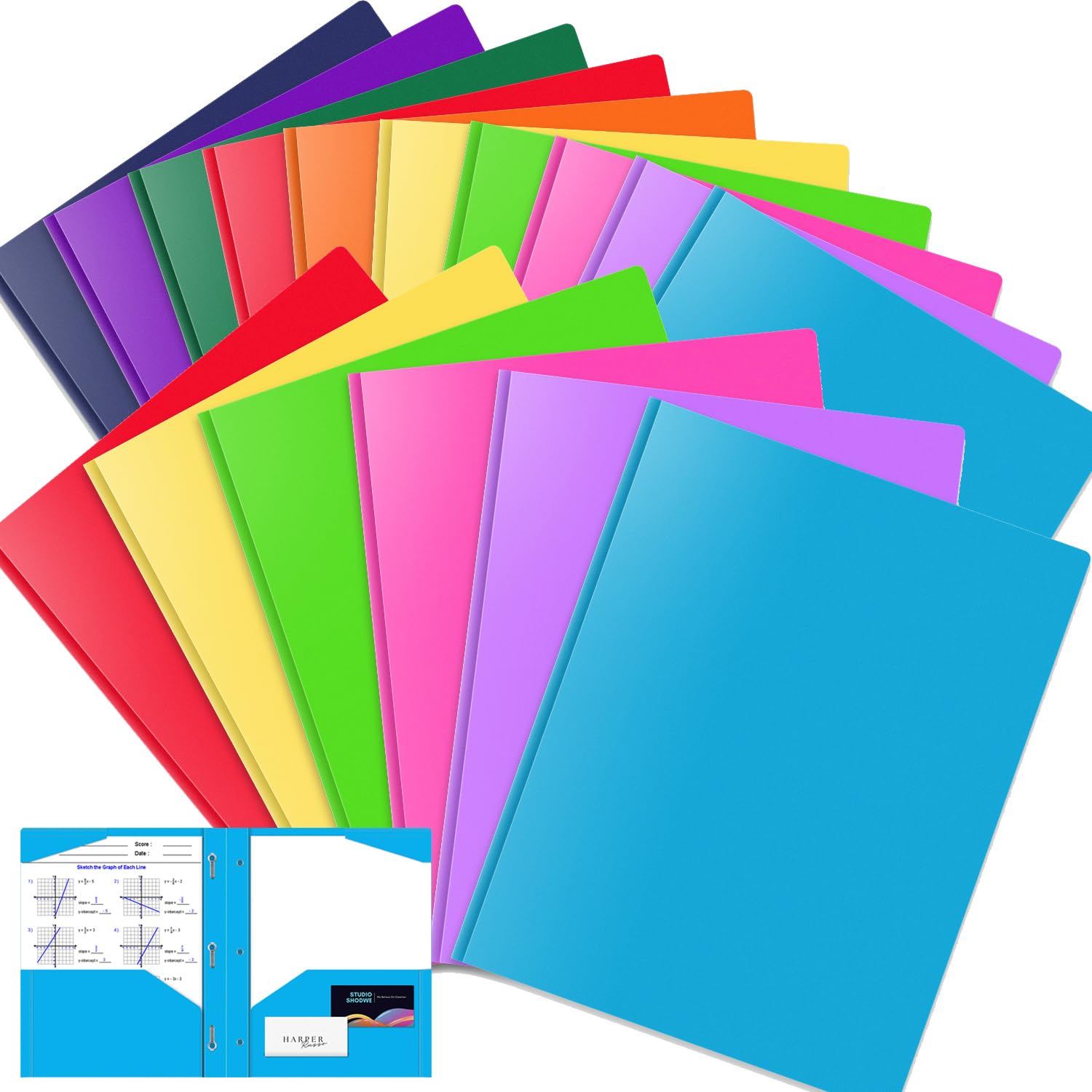 OTCRAFT 16 Pack A4 Pocket Plastic Folder 2 Pockets and 3 Prongs 2 Card Slots, Durable, Tear-Resistant Heavy Duty Pocket Folders with Prongs, Colored Prong Folders for Schoolwork & Officer(Colors)
