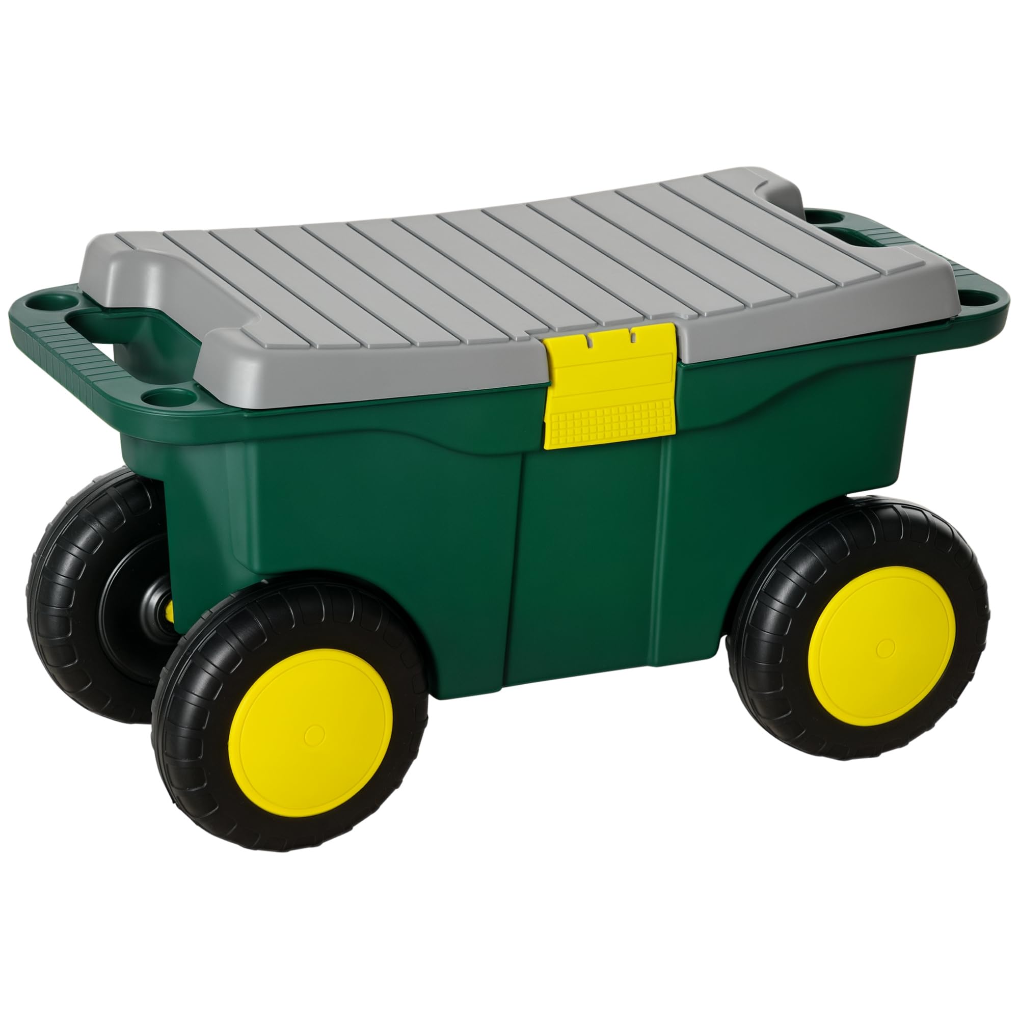 Outsunny - Taburete de jardín, caja de herramientas, 2 en 1, caja de herramientas, bandeja compartimentada, 4 ruedas, 2 asas, PP gris y verde