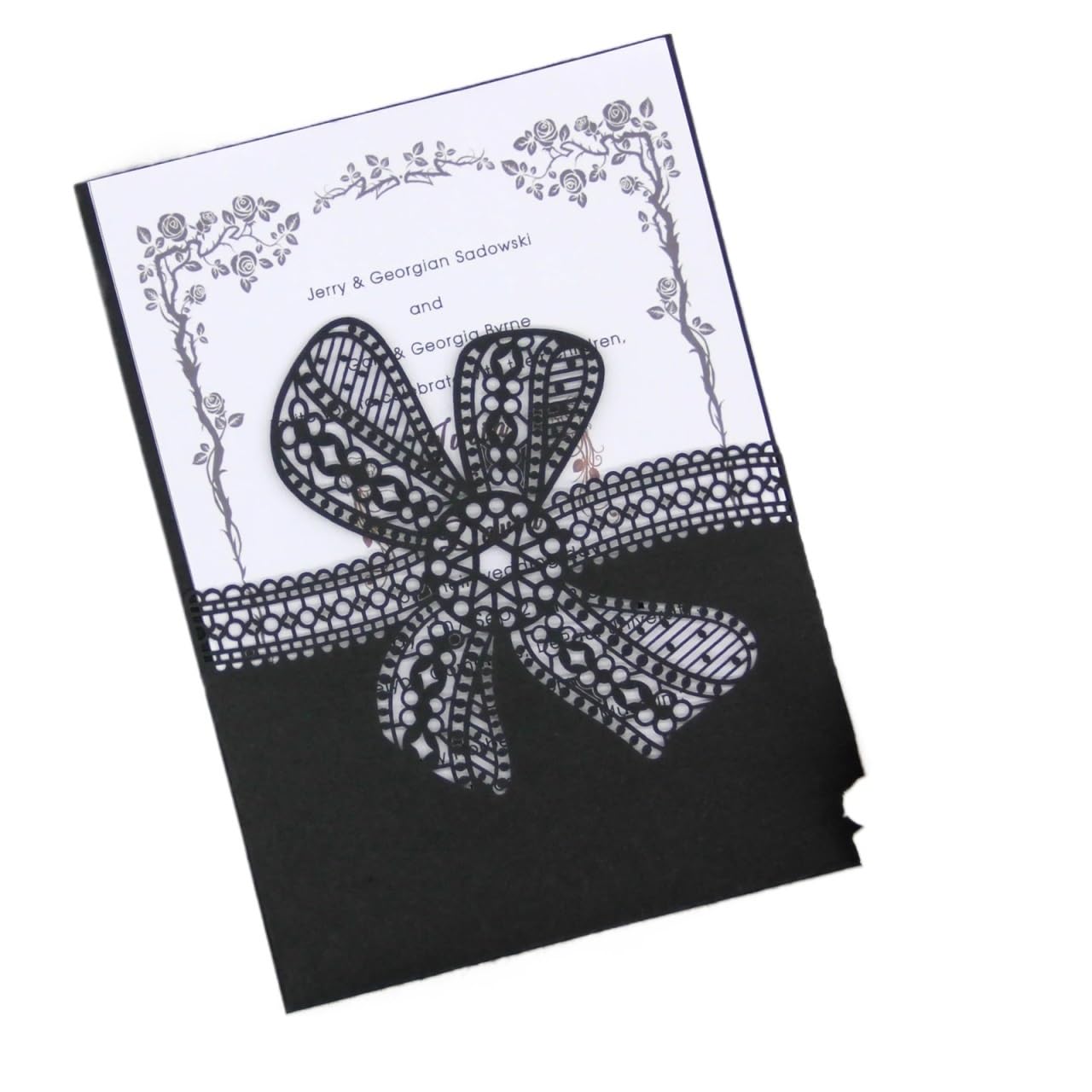 Invitación con lazo de encaje, corte láser, tarjeta invitación for boda, compromiso, cumpleaños, bautismo, elegante(Black,50 PCS)