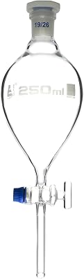 EISCO Separating Funnel, 250ml - Pear Shaped - 19/26 Plastic Stopper, Glass Key Stopcock, Stem with Cone - Borosilicate Glass