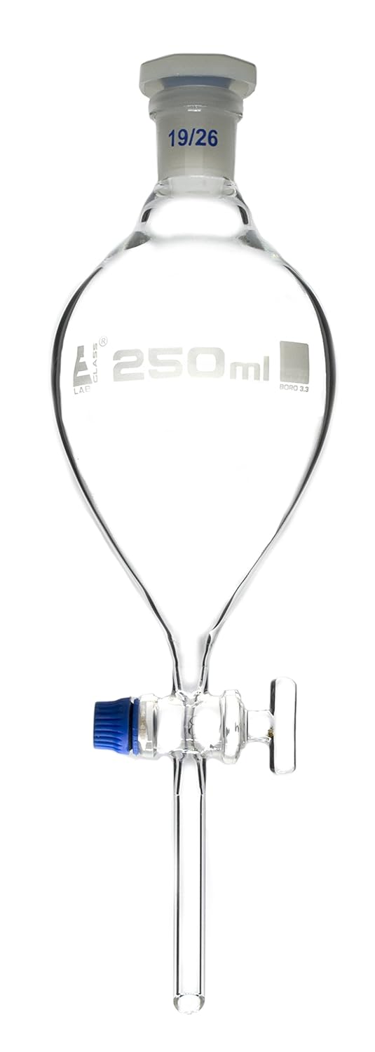 EISCO Separating Funnel, 250ml - Pear Shaped - 19/26 Plastic Stopper, Glass Key Stopcock, Stem with Cone - Borosilicate Glass