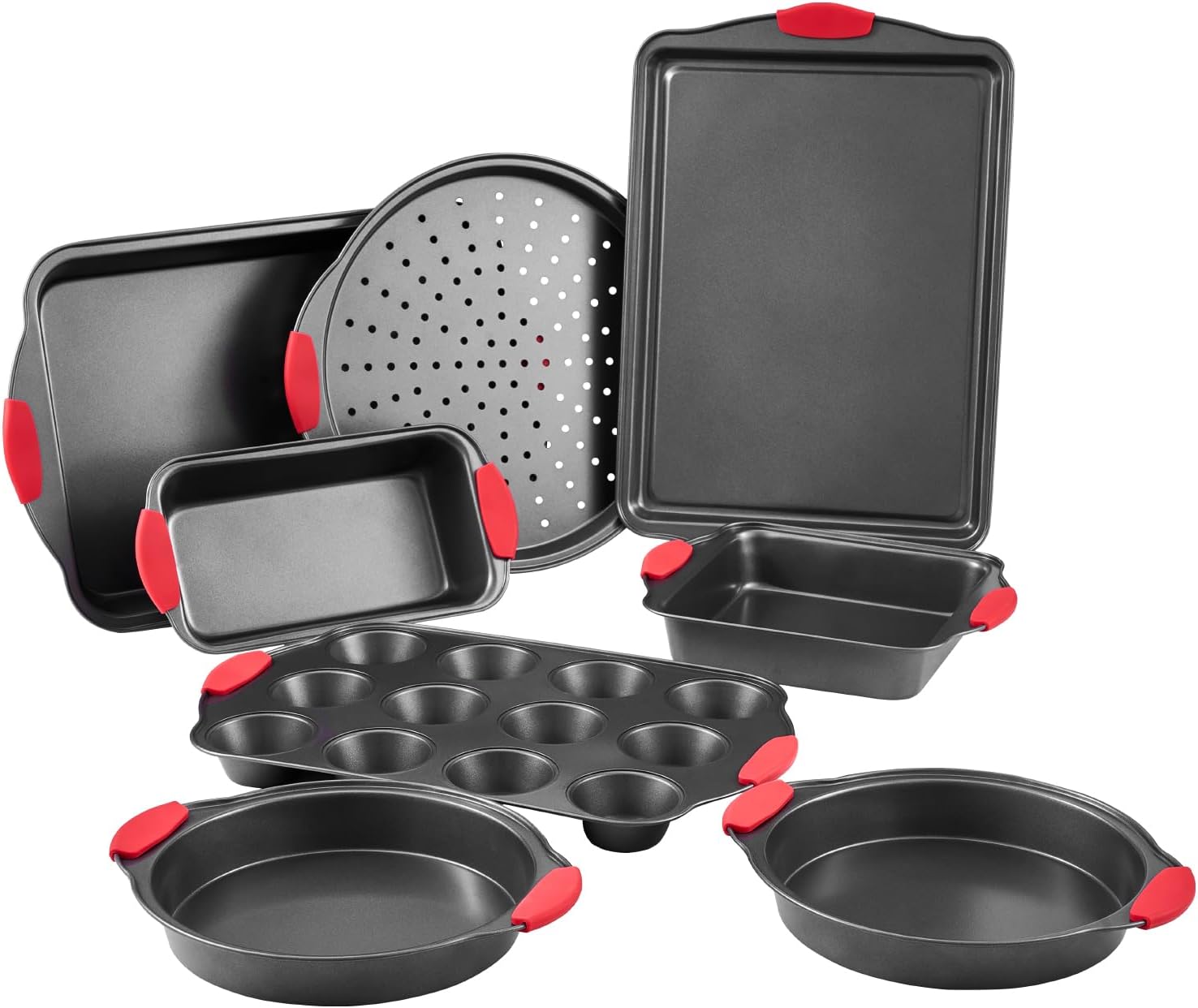 VEVOR Baking Pans Set, 8-Piece, Nonstick Carbon Steel Cookware Sheets & Trays, Stackable Kitchen Oven Bakeware Cooking Sets with Silicone Handles, Easy to Clean, for Baking Cookie Cake Muffin Bread
